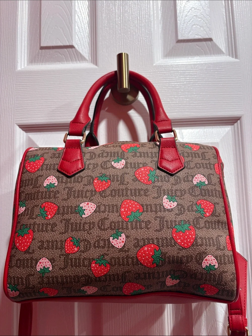 BNWT JUICY COUTURE Brown Logo Satchel with Red Strawberry Print